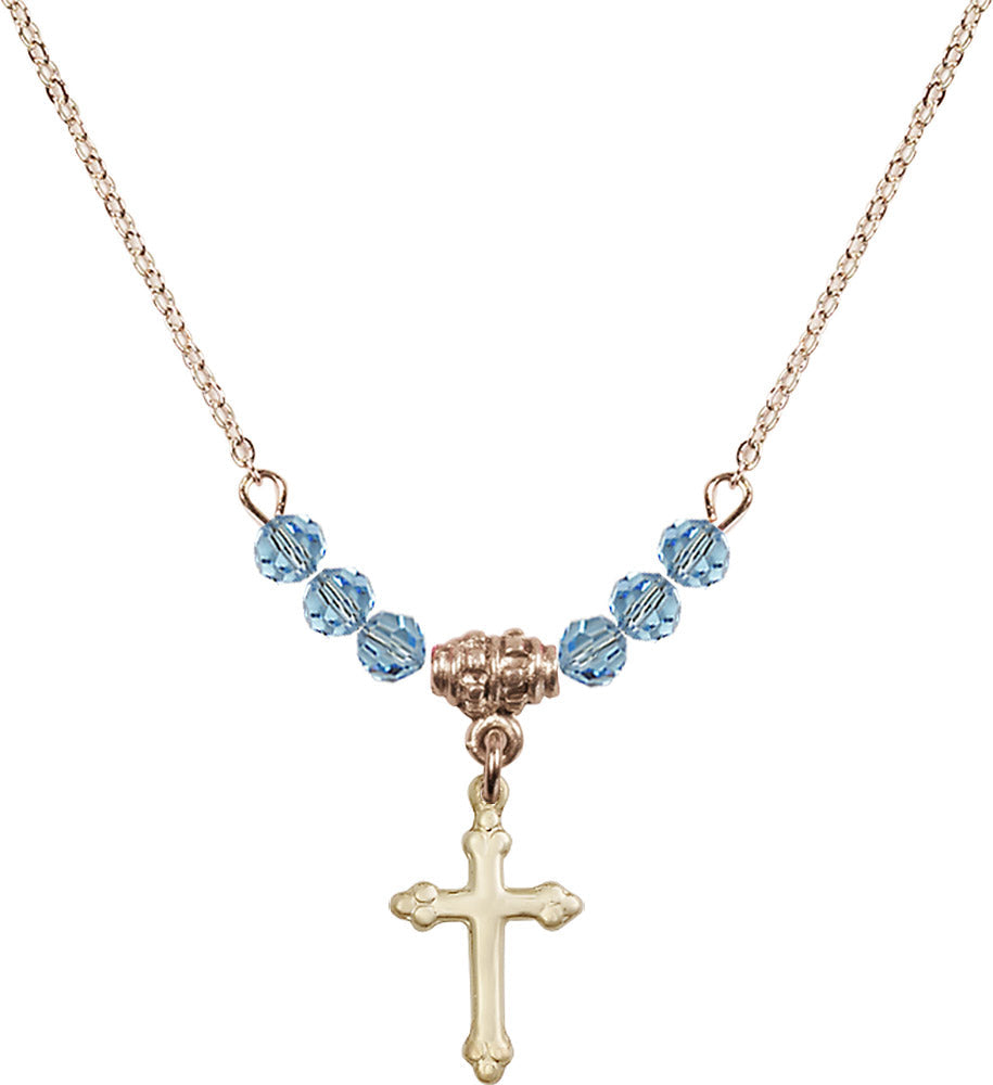 14kt Gold Filled Cross Birthstone Necklace with Aqua Beads - 5415