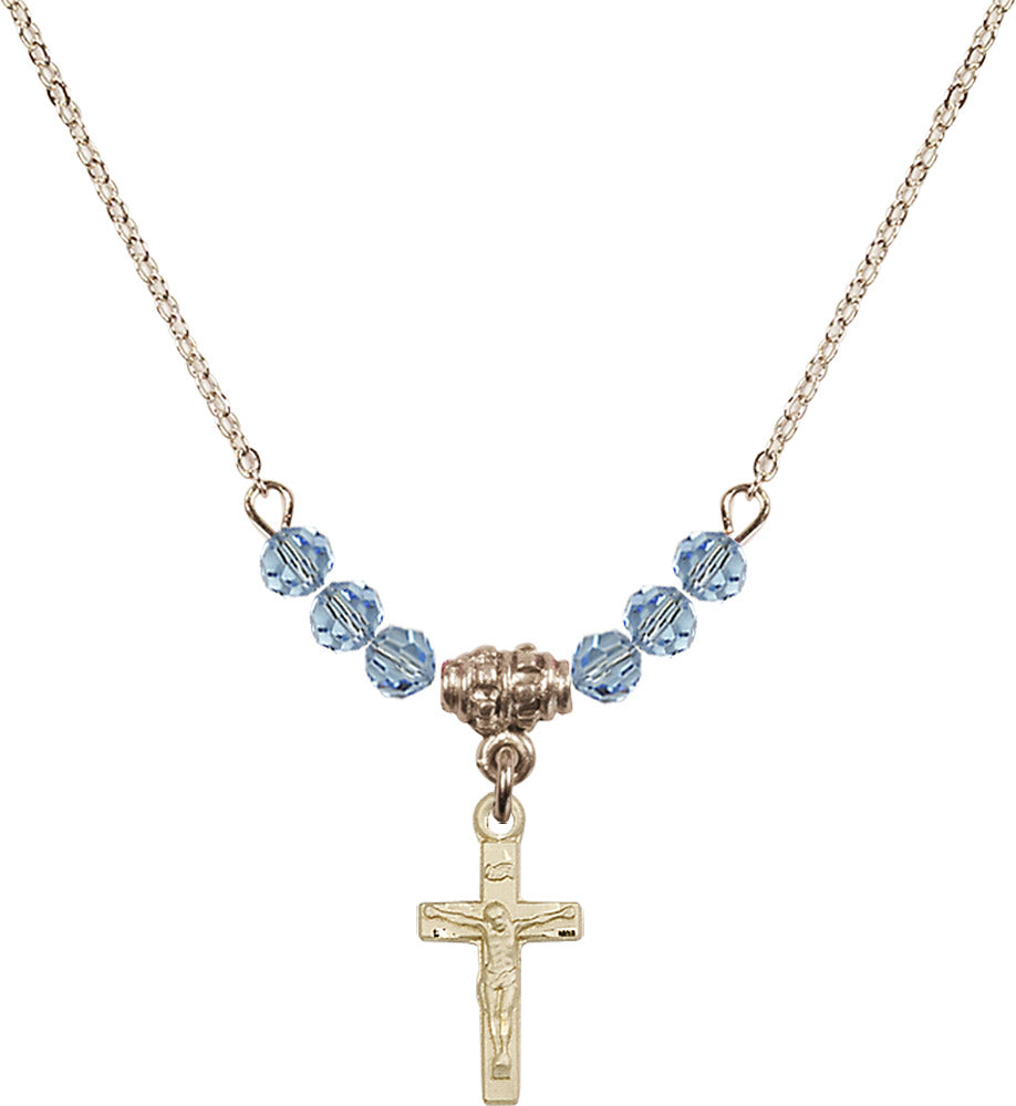 14kt Gold Filled Crucifix Birthstone Necklace with Aqua Beads - 5417