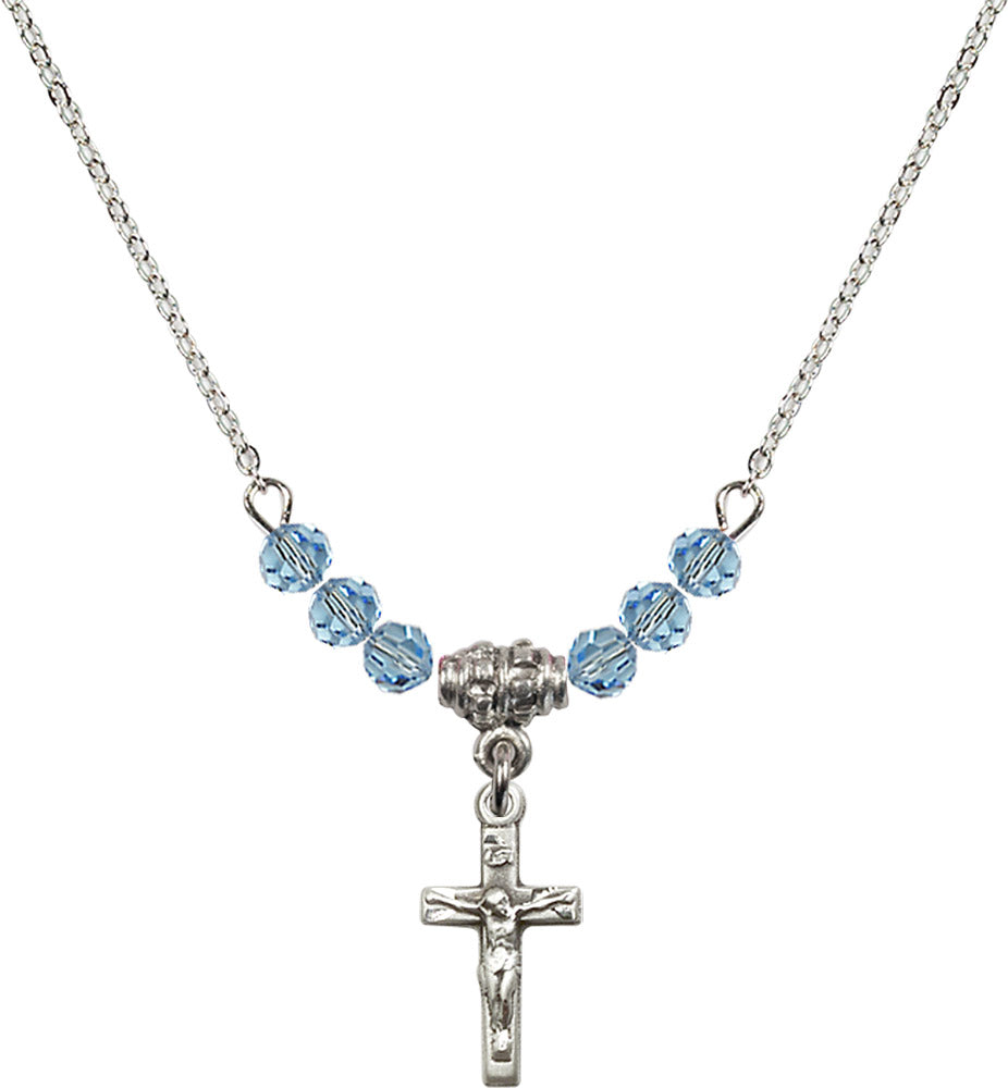 Sterling Silver Crucifix Birthstone Necklace with Aqua Beads - 5417