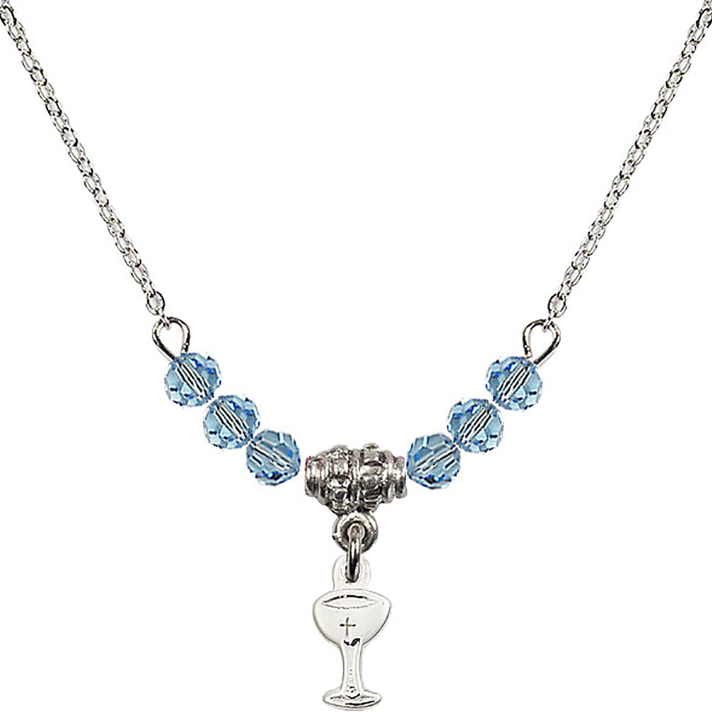Sterling Silver Chalice Birthstone Necklace with Aqua Beads - 5614