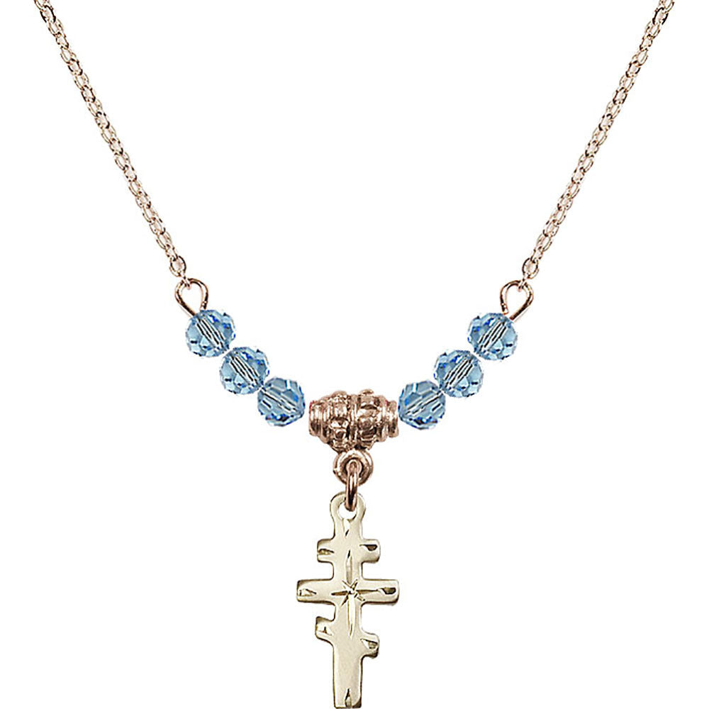 14kt Gold Filled Greek Orthadox Cross Birthstone Necklace with Aqua Beads - 5654