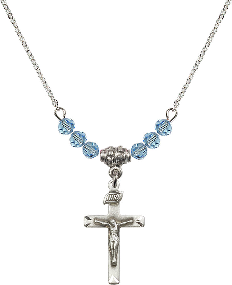 Sterling Silver Crucifix Birthstone Necklace with Aqua Beads - 5668
