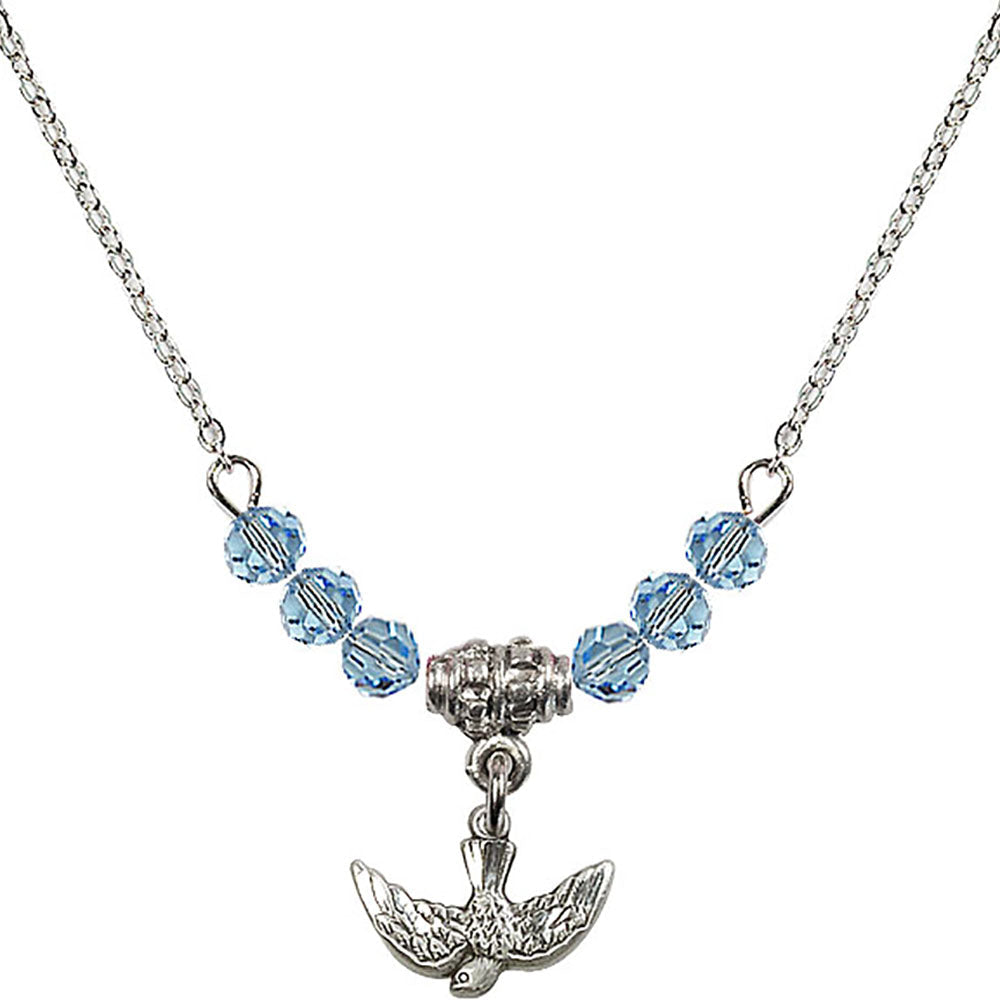 Sterling Silver Holy Spirit Birthstone Necklace with Aqua Beads - 5911