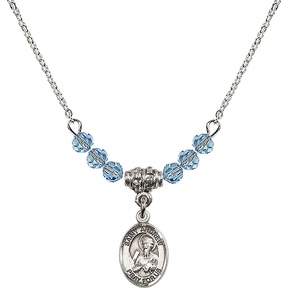 Sterling Silver Saint Andrew the Apostle Birthstone Necklace with Aqua Beads - 9000