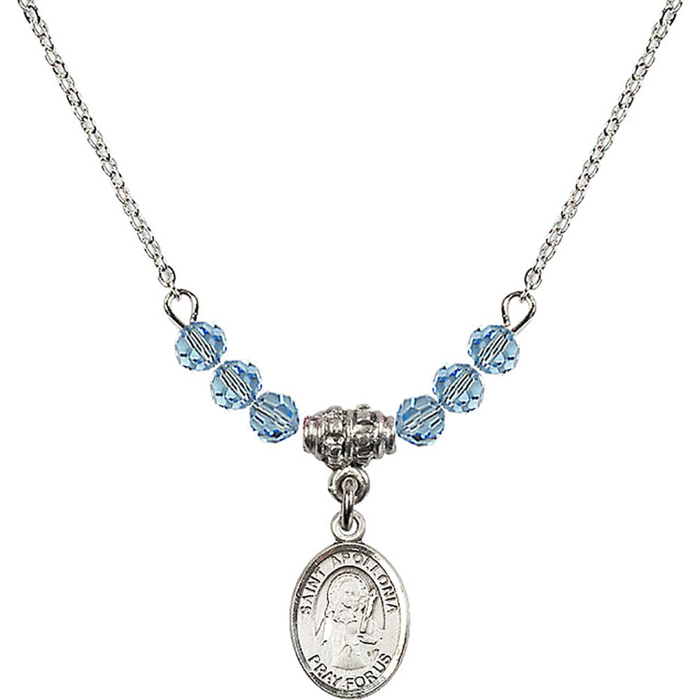 Sterling Silver Saint Apollonia Birthstone Necklace with Aqua Beads - 9005
