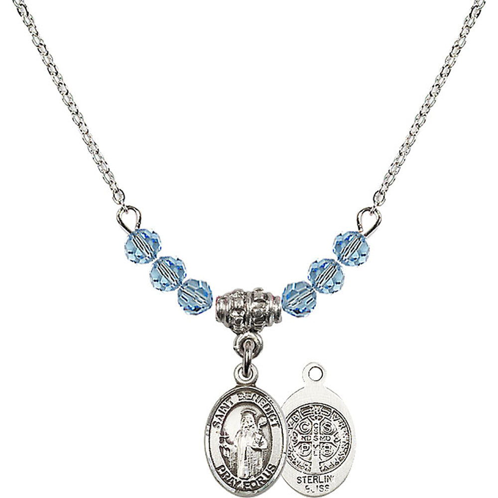 Sterling Silver Saint Benedict Birthstone Necklace with Aqua Beads - 9008