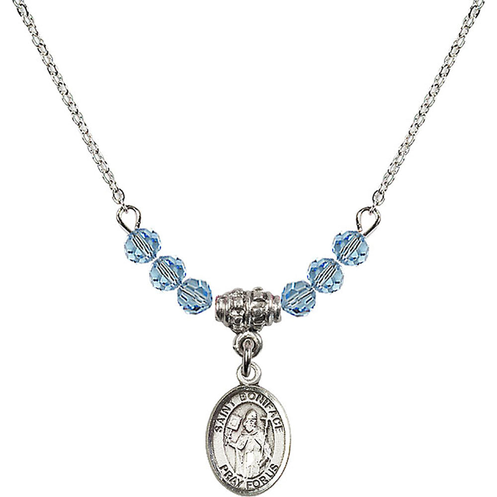 Sterling Silver Saint Boniface Birthstone Necklace with Aqua Beads - 9009
