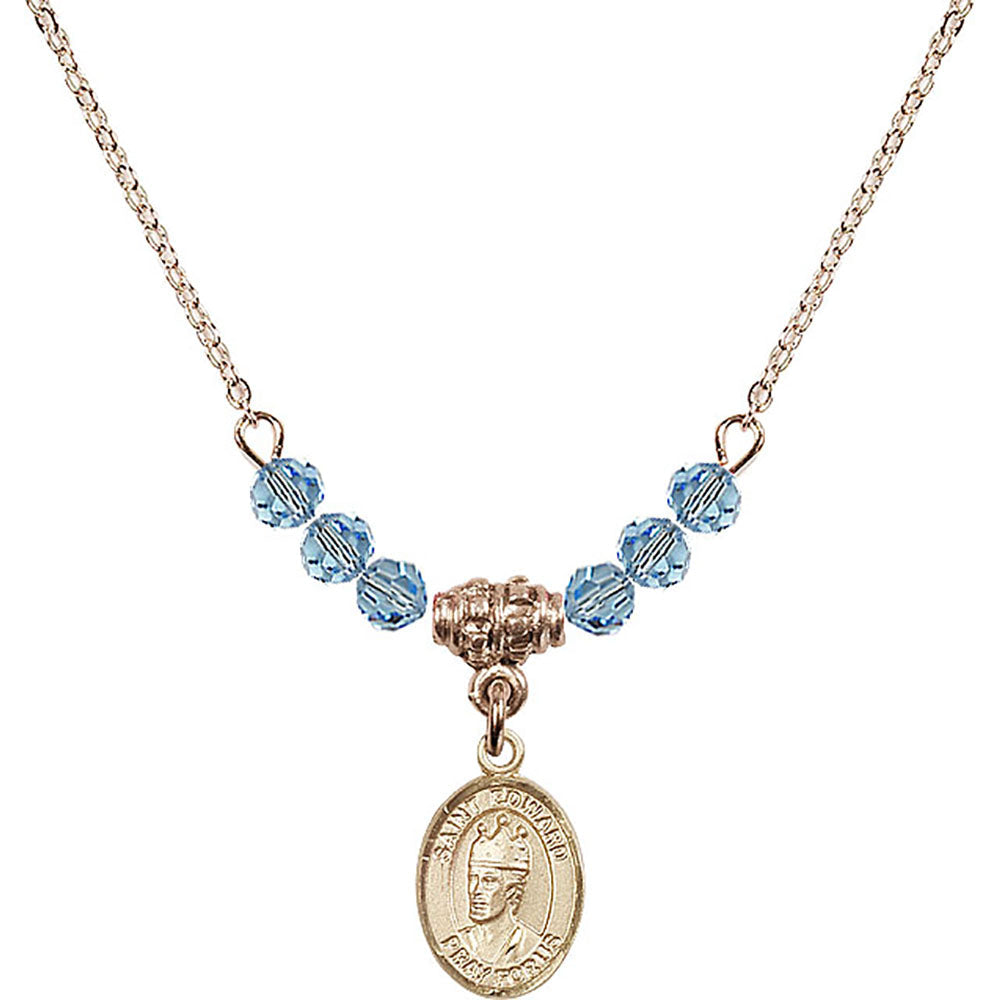 14kt Gold Filled Saint Edward the Confessor Birthstone Necklace with Aqua Beads - 9026