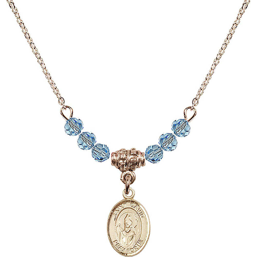 14kt Gold Filled Saint David of Wales Birthstone Necklace with Aqua Beads - 9027