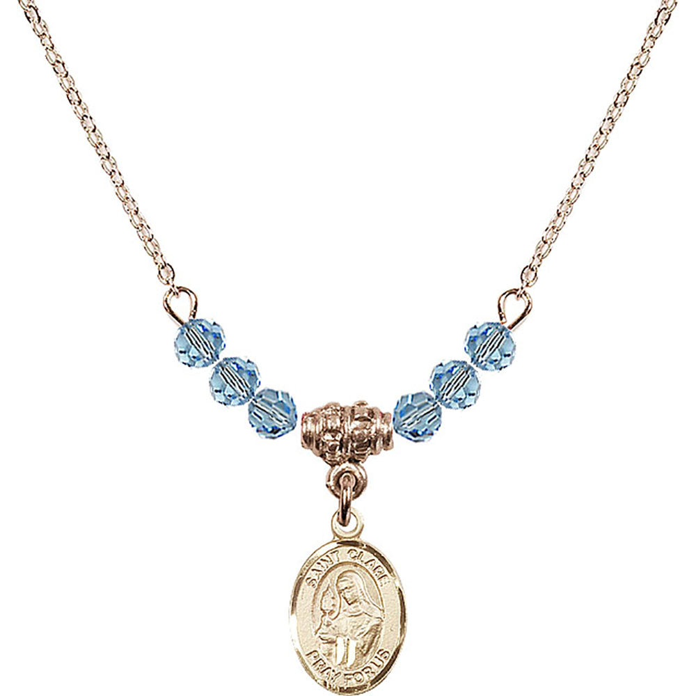 14kt Gold Filled Saint Clare of Assisi Birthstone Necklace with Aqua Beads - 9028