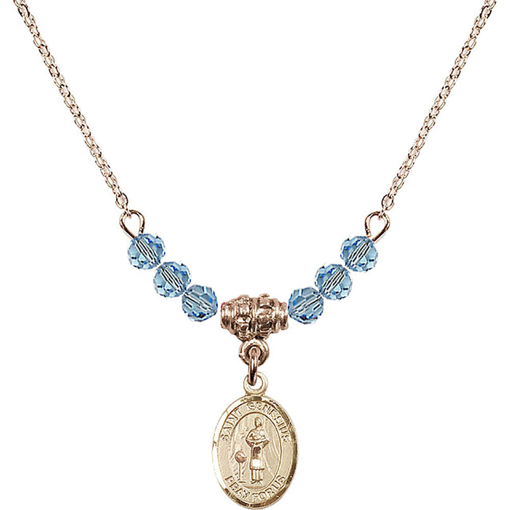 14kt Gold Filled Saint Genesius of Rome Birthstone Necklace with Aqua Beads - 9038