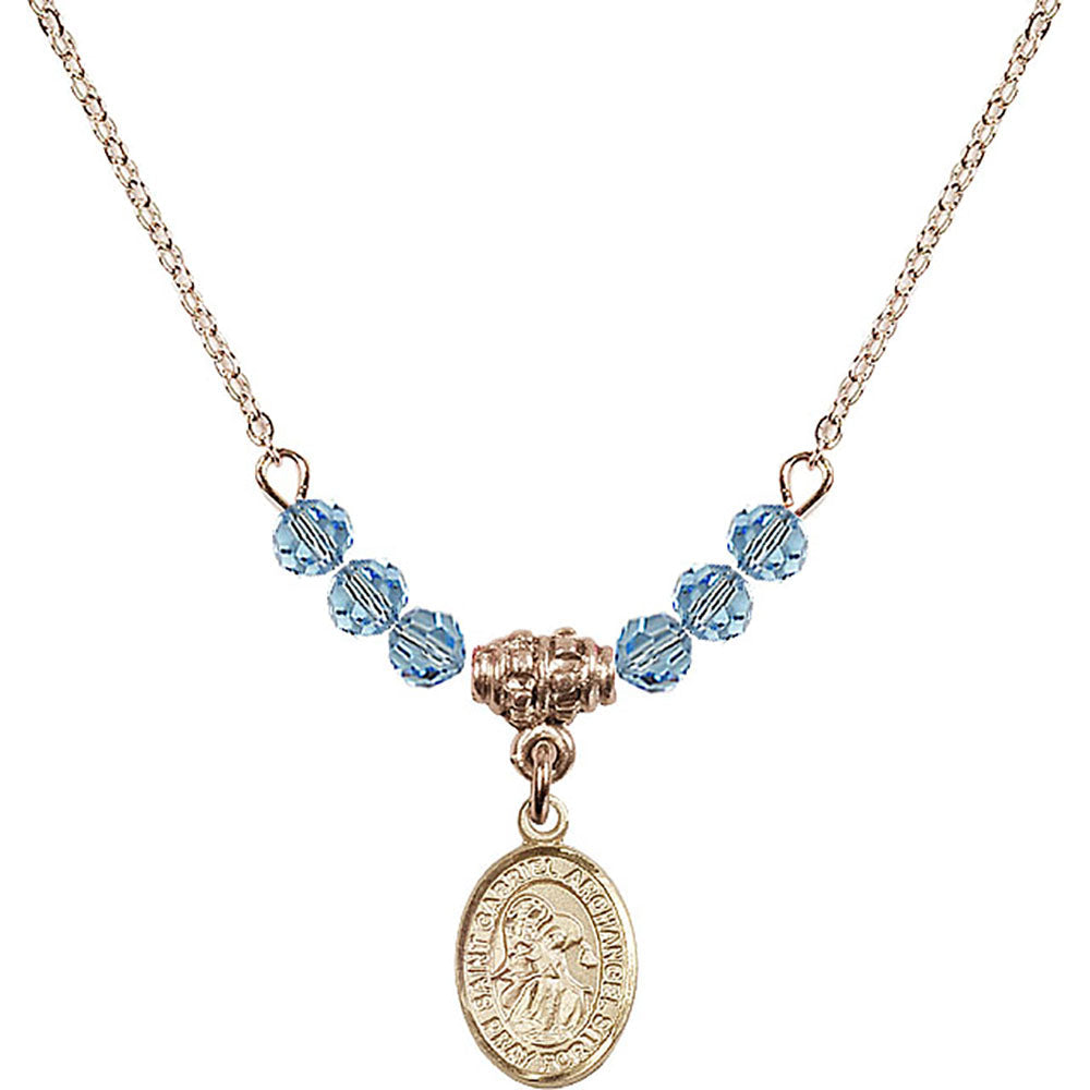 14kt Gold Filled Saint Gabriel the Archangel Birthstone Necklace with Aqua Beads - 9039
