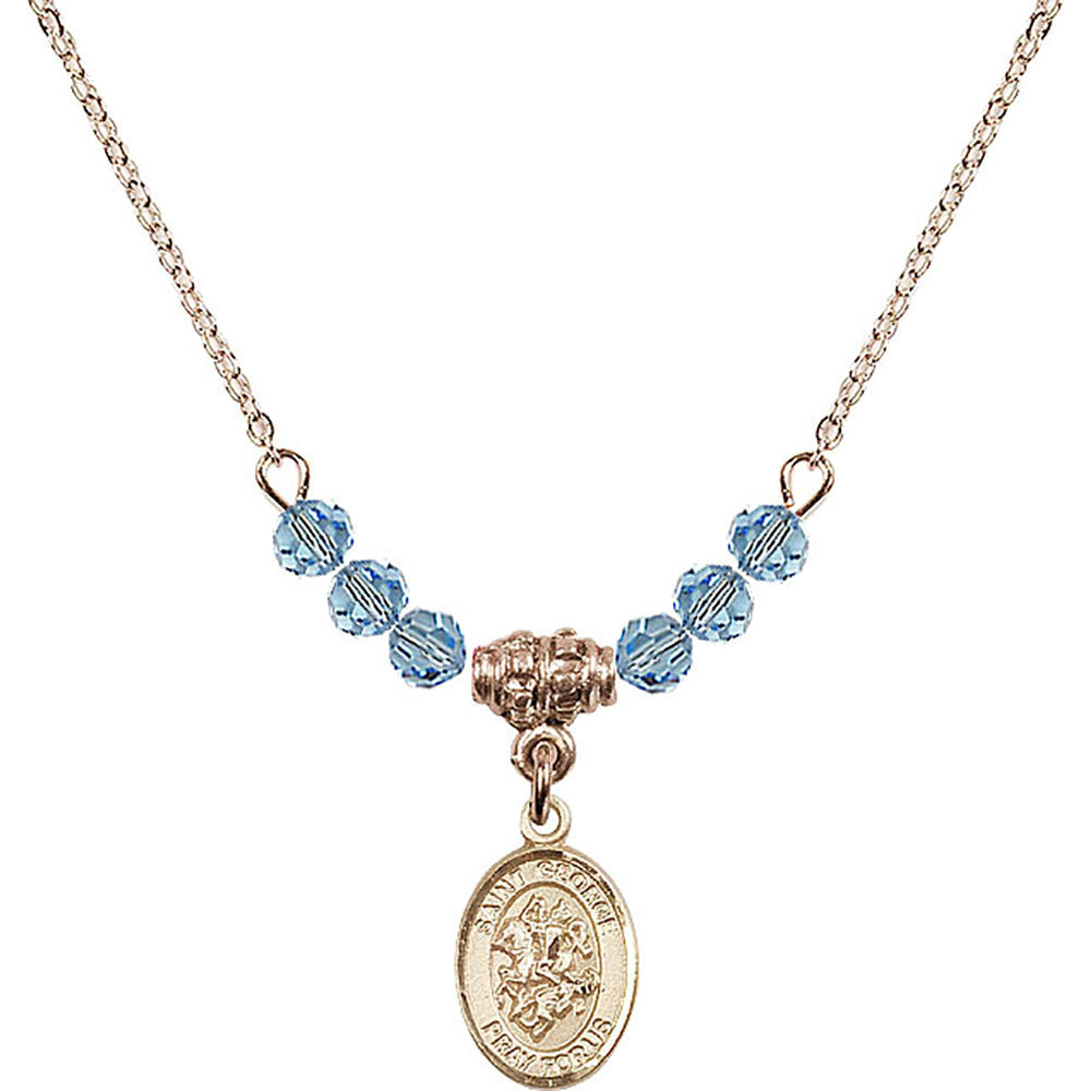 14kt Gold Filled Saint George Birthstone Necklace with Aqua Beads - 9040