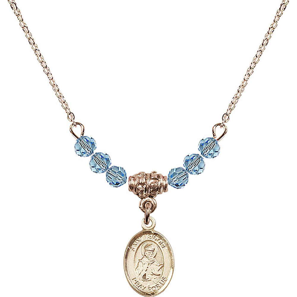 14kt Gold Filled Saint Isidore of Seville Birthstone Necklace with Aqua Beads - 9049