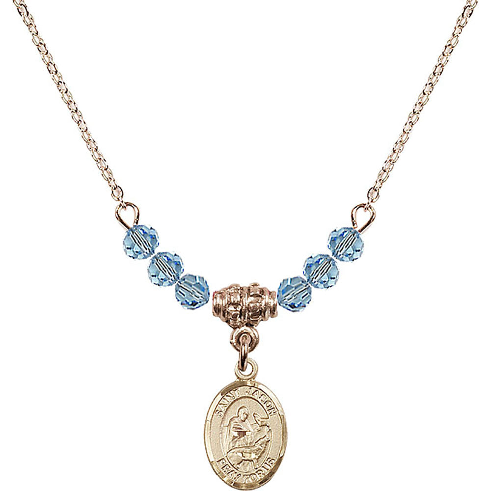 14kt Gold Filled Saint Jason Birthstone Necklace with Aqua Beads - 9051