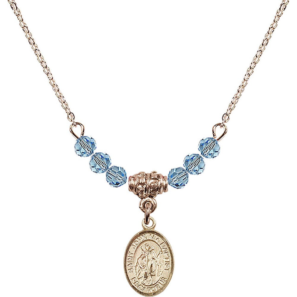 14kt Gold Filled Saint John the Baptist Birthstone Necklace with Aqua Beads - 9054