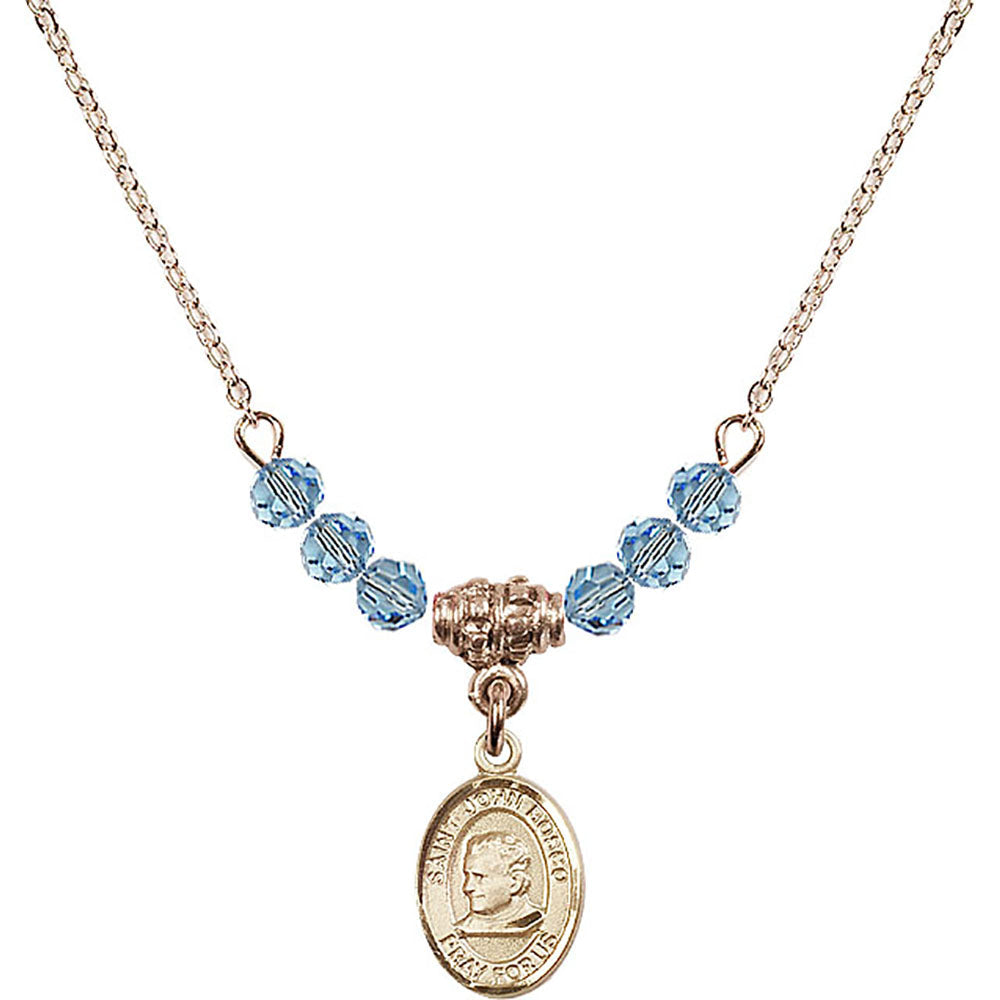 14kt Gold Filled Saint John Bosco Birthstone Necklace with Aqua Beads - 9055
