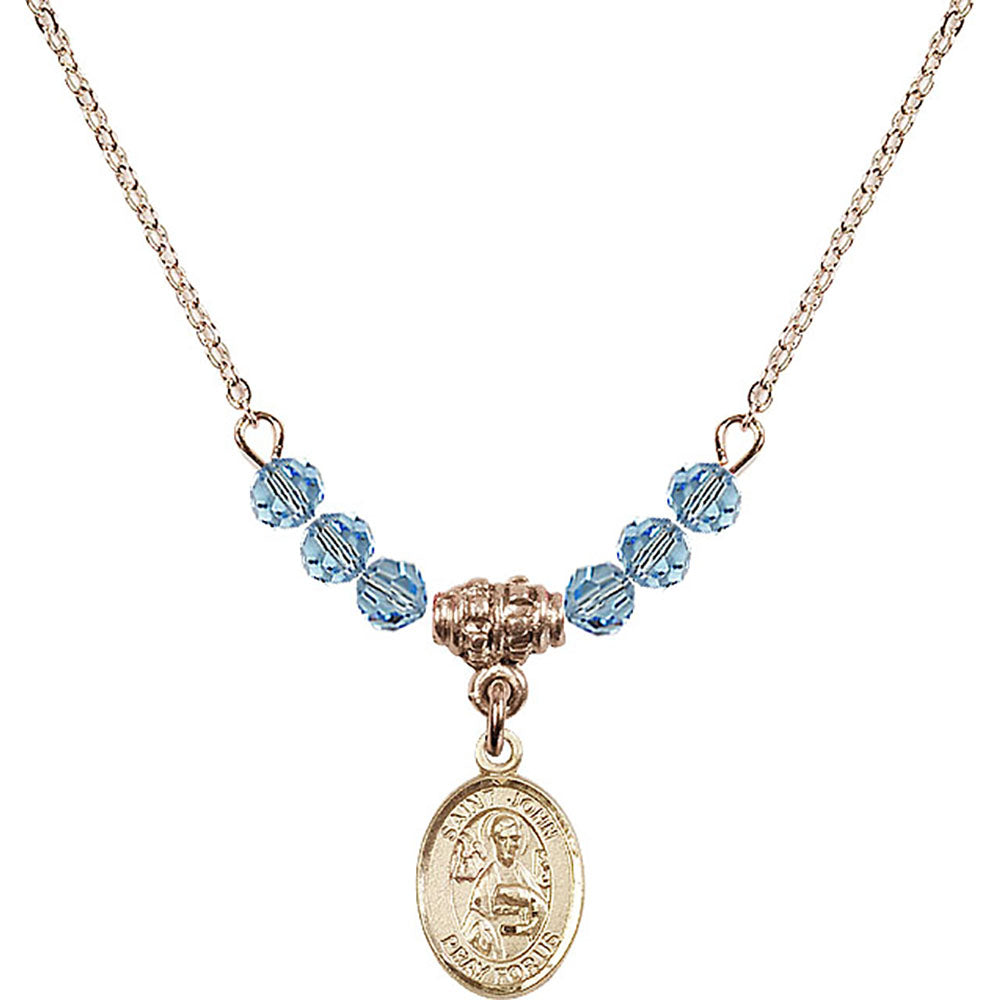 14kt Gold Filled Saint John the Apostle Birthstone Necklace with Aqua Beads - 9056