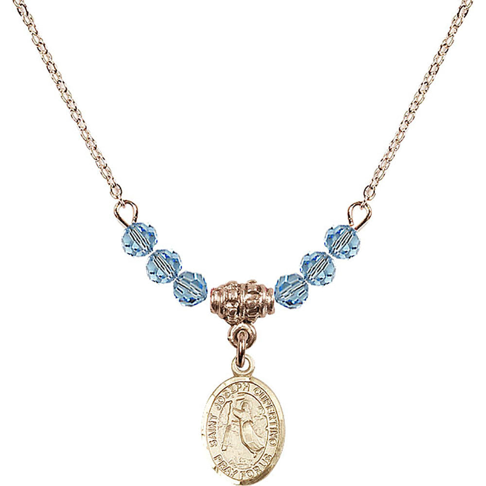 14kt Gold Filled Saint Joseph of Cupertino Birthstone Necklace with Aqua Beads - 9057