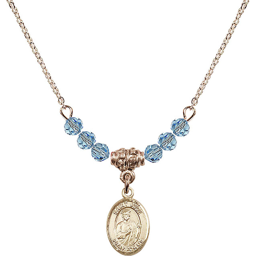 14kt Gold Filled Saint Jude Thaddeus Birthstone Necklace with Aqua Beads - 9060