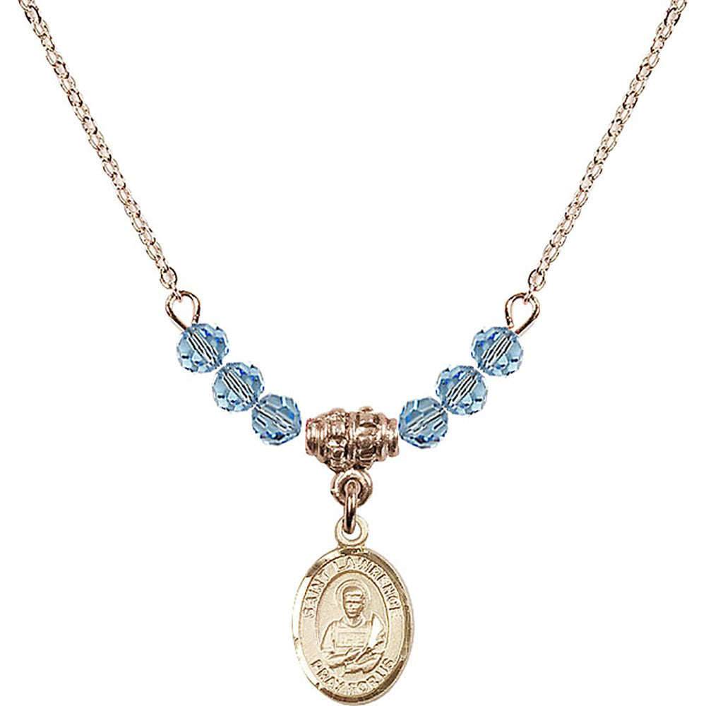 14kt Gold Filled Saint Lawrence Birthstone Necklace with Aqua Beads - 9063