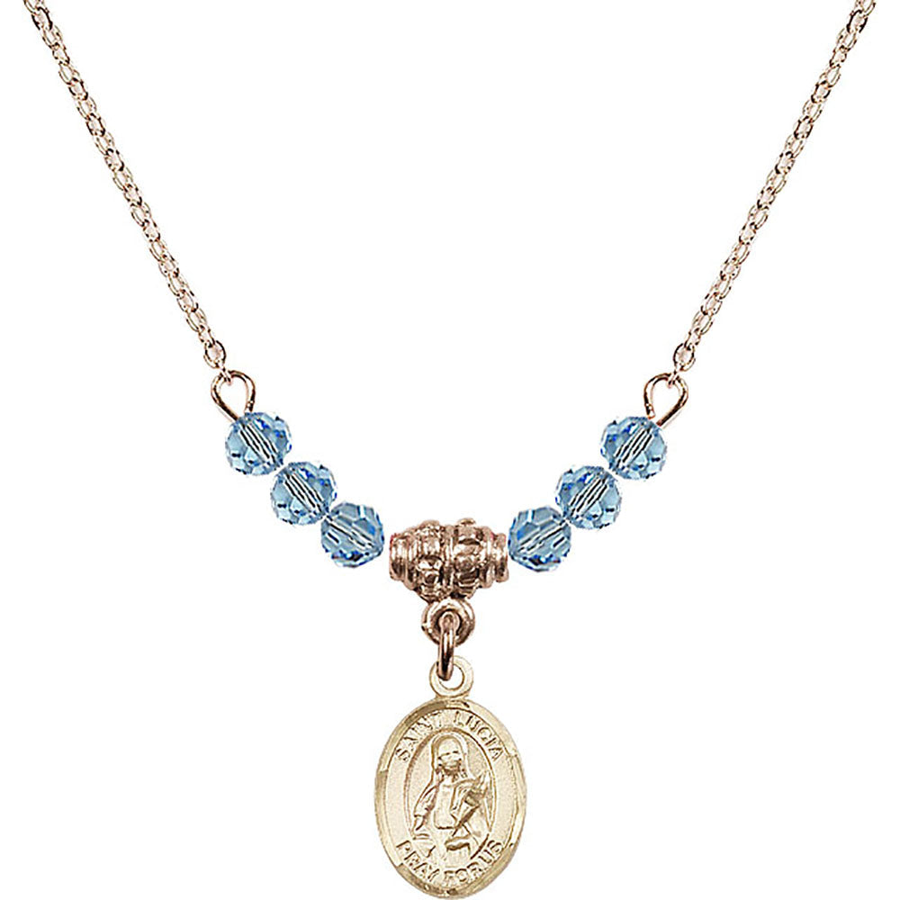 14kt Gold Filled Saint Lucia of Syracuse Birthstone Necklace with Aqua Beads - 9065
