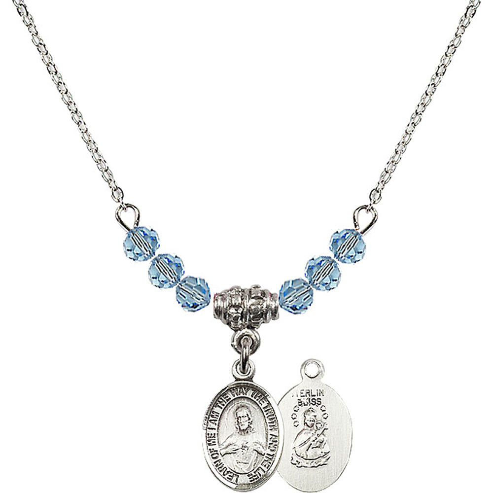 Sterling Silver Scapular Birthstone Necklace with Aqua Beads - 9098