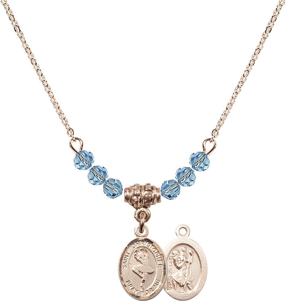 14kt Gold Filled Saint Christopher/Dance Birthstone Necklace with Aqua Beads - 9143