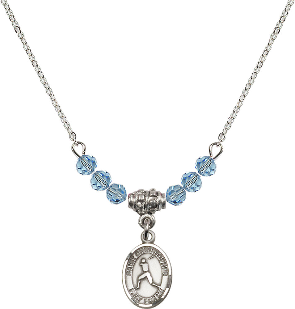 Sterling Silver Saint Christopher/Baseball Birthstone Necklace with Aqua Beads - 9150
