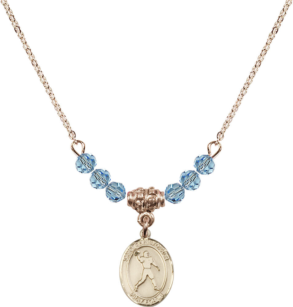 14kt Gold Filled Saint Christopher/Football Birthstone Necklace with Aqua Beads - 9151