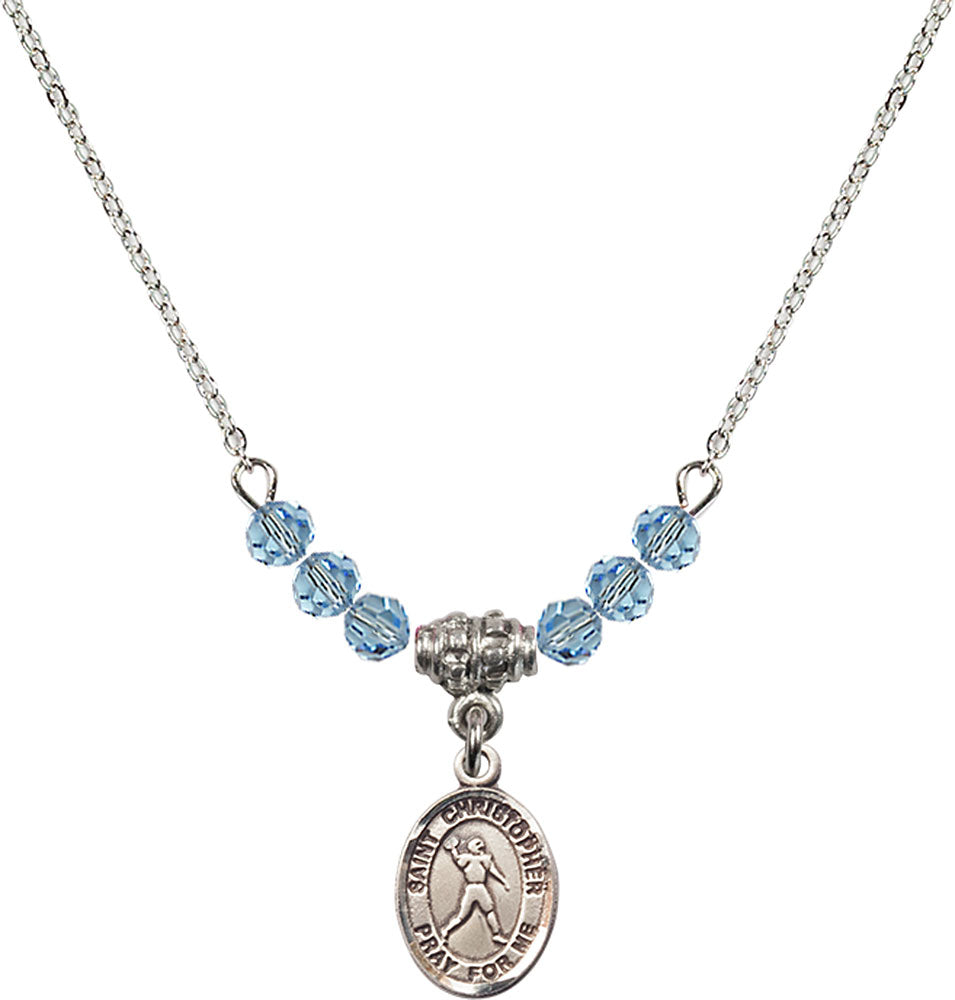 Sterling Silver Saint Christopher/Football Birthstone Necklace with Aqua Beads - 9151