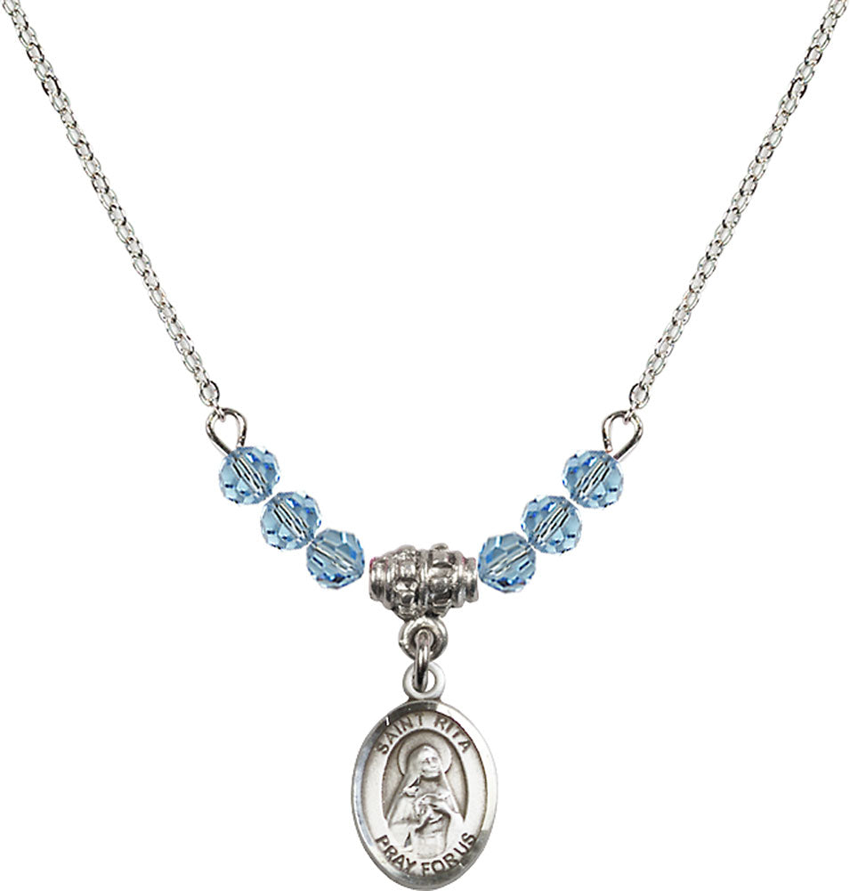 Sterling Silver Saint Rita / Baseball Birthstone Necklace with Aqua Beads - 9181