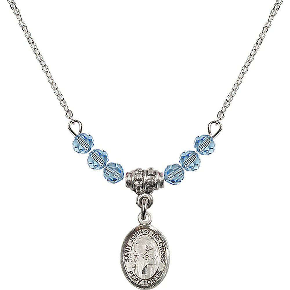 Sterling Silver Saint John of the Cross Birthstone Necklace with Aqua Beads - 9231