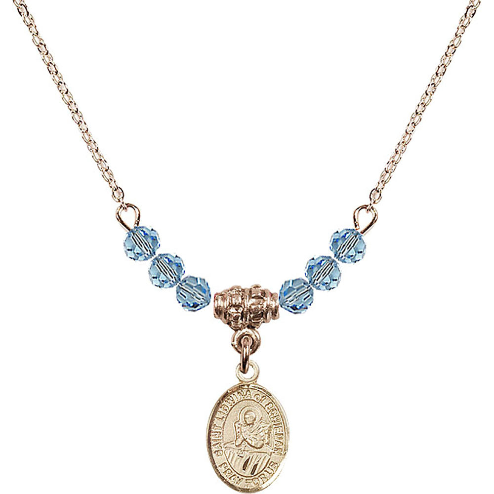 14kt Gold Filled Saint Lidwina of Schiedam Birthstone Necklace with Aqua Beads - 9297