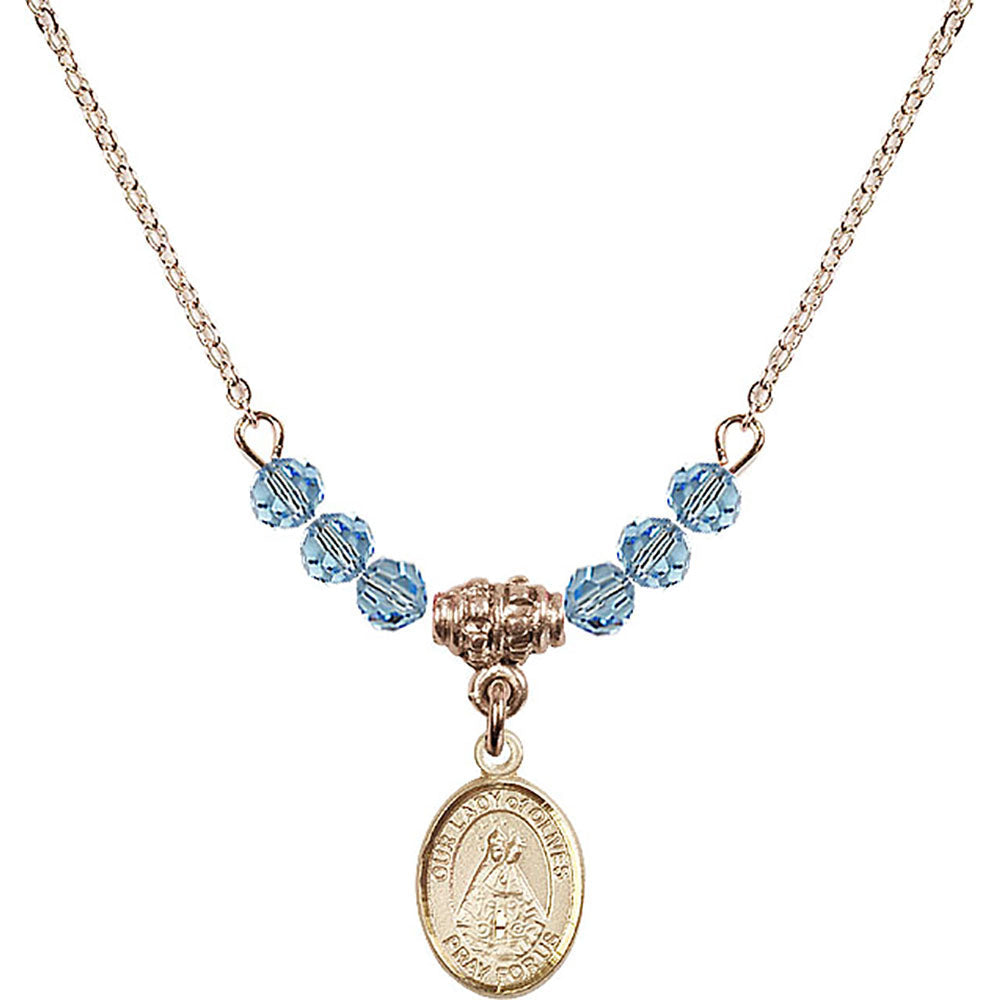14kt Gold Filled Our Lady of Olives Birthstone Necklace with Aqua Beads - 9303