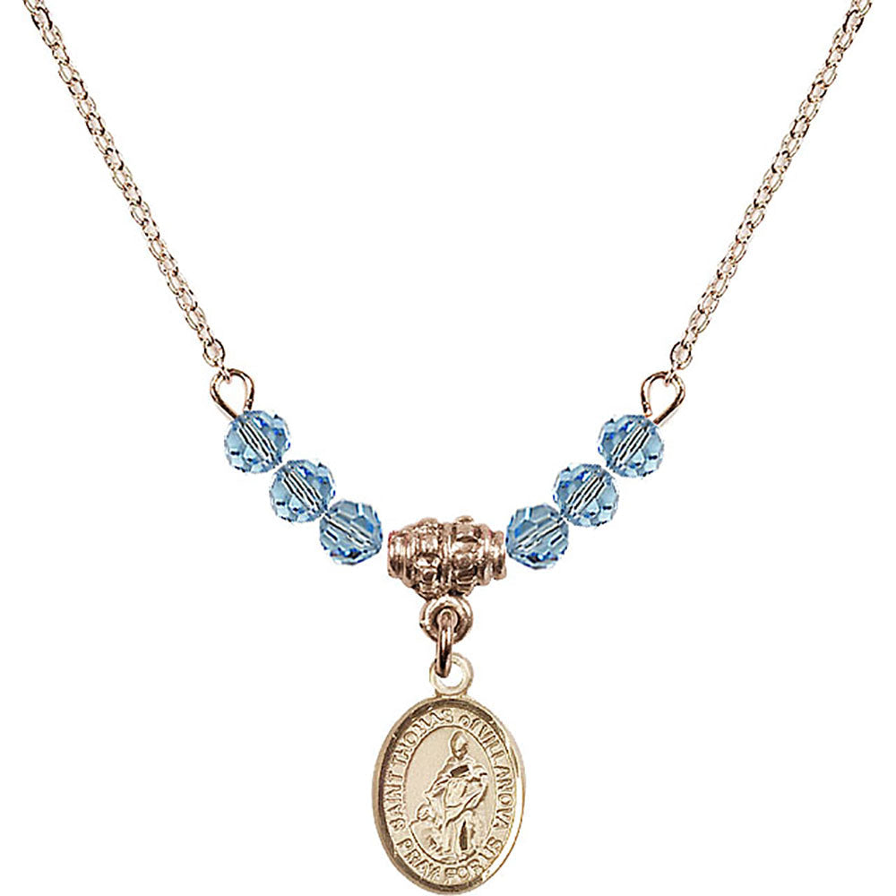 14kt Gold Filled Saint Thomas of Villanova Birthstone Necklace with Aqua Beads - 9304