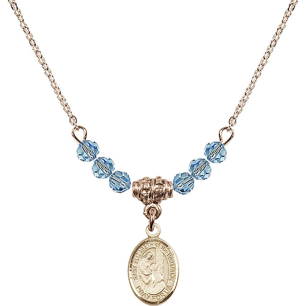 14kt Gold Filled Saint Elizabeth of the Visitation Birthstone Necklace with Aqua Beads - 9311
