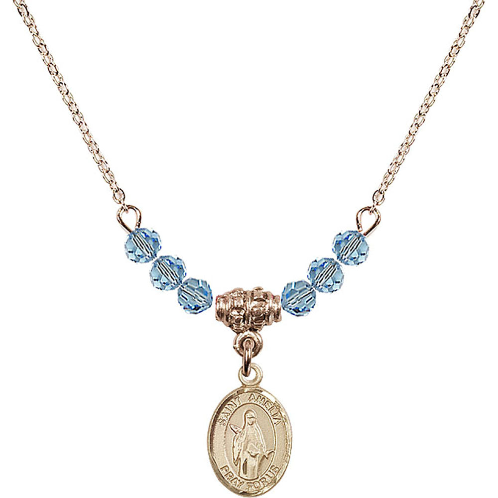 14kt Gold Filled Saint Amelia Birthstone Necklace with Aqua Beads - 9313