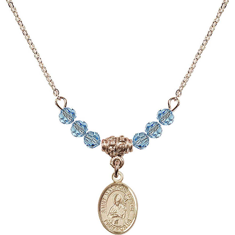 14kt Gold Filled Saint Malachy O'More Birthstone Necklace with Aqua Beads - 9316