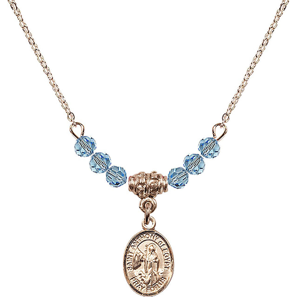 14kt Gold Filled Saint Anthony of Egypt Birthstone Necklace with Aqua Beads - 9317