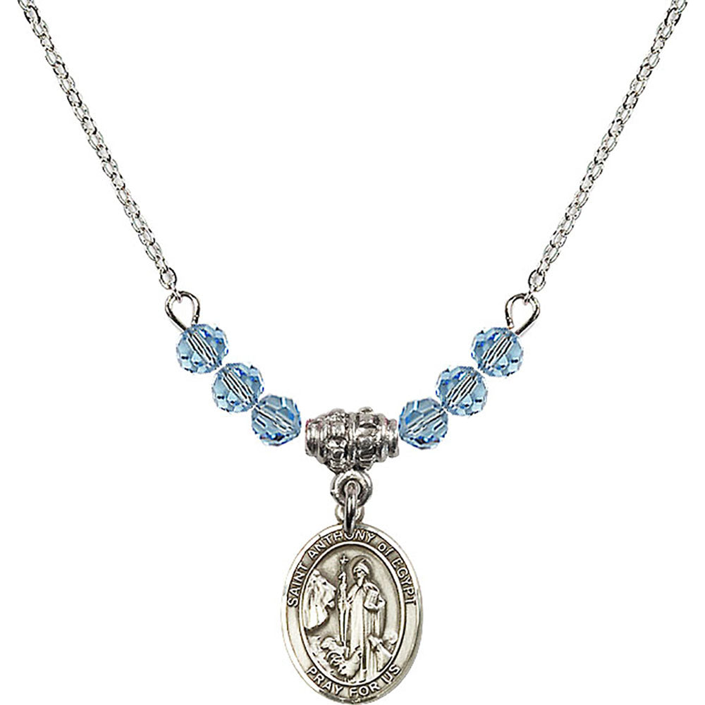 Sterling Silver Saint Anthony of Egypt Birthstone Necklace with Aqua Beads - 9317
