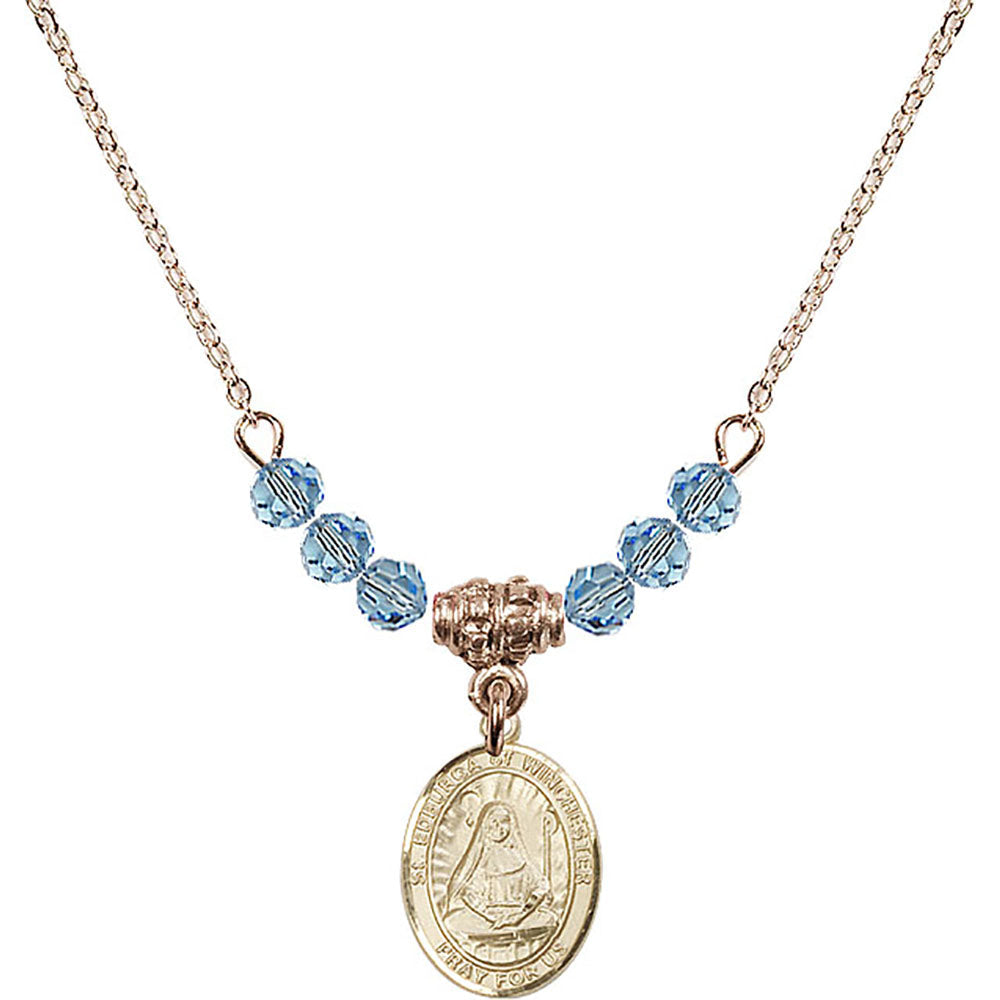 14kt Gold Filled Saint Edburga of Winchester Birthstone Necklace with Aqua Beads - 9324