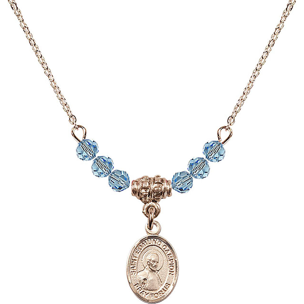 14kt Gold Filled Saint Edmund Campion Birthstone Necklace with Aqua Beads - 9333