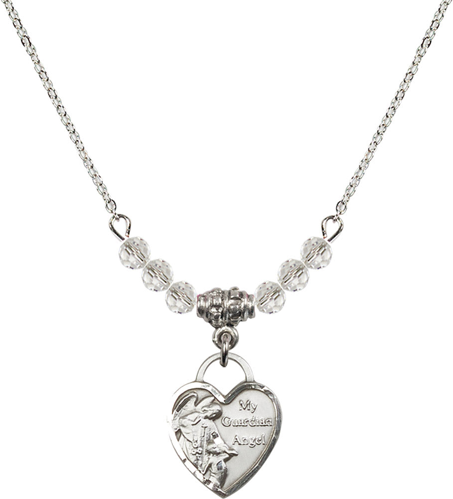 Sterling Silver Guardian Angel Heart Birthstone Necklace with Crystal Beads - 3402
