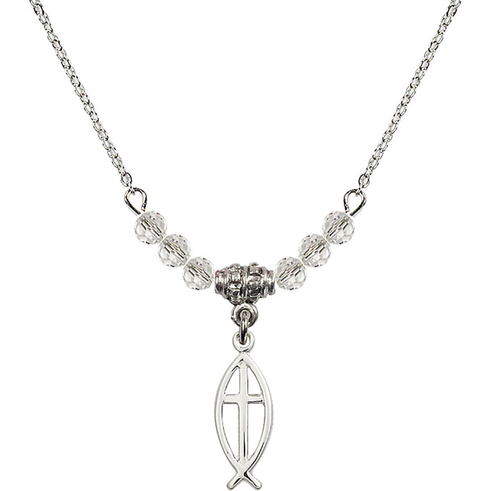 Sterling Silver Fish / Cross Birthstone Necklace with Crystal Beads - 4251