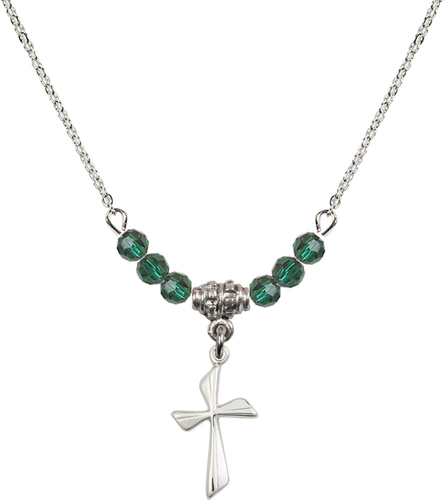 Sterling Silver Cross Birthstone Necklace with Emerald Beads - 0016