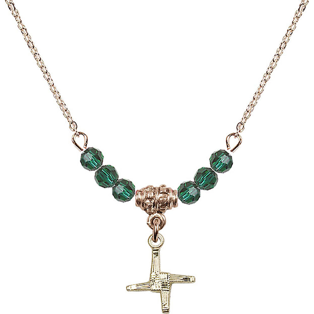 14kt Gold Filled Saint Brigid Cross Birthstone Necklace with Emerald Beads - 0291