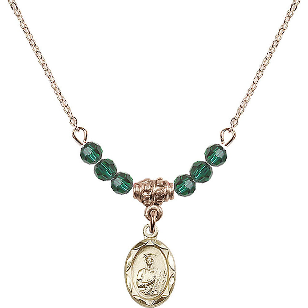 14kt Gold Filled Saint Jude Birthstone Necklace with Emerald Beads - 0301