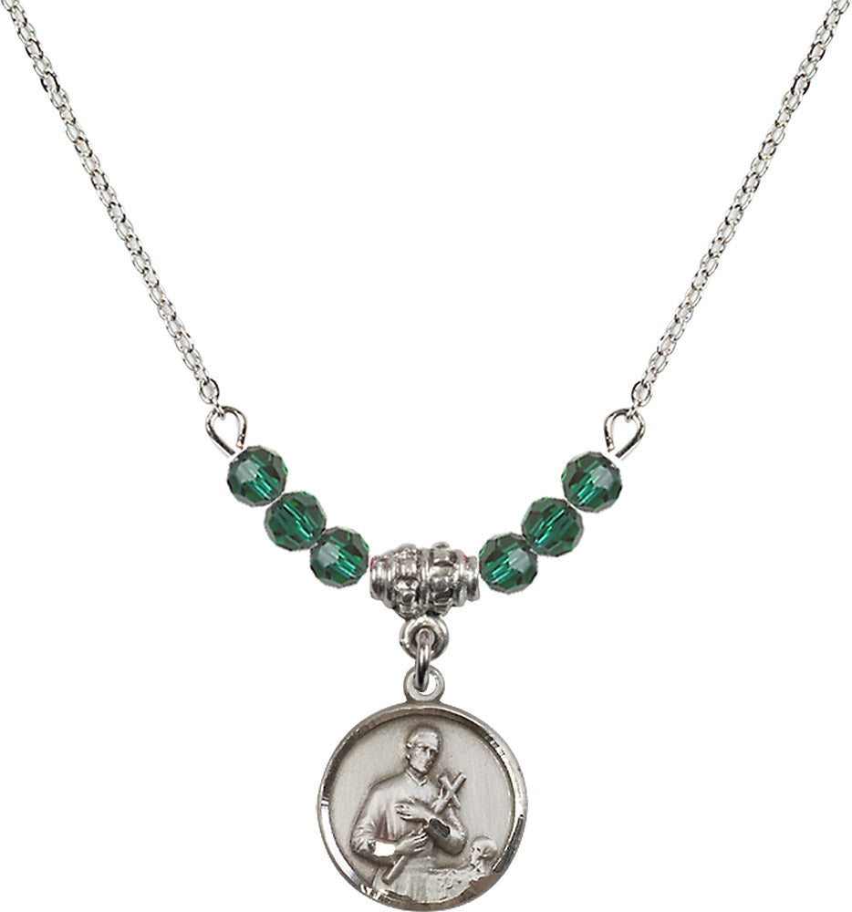 Sterling Silver Saint Gerard Birthstone Necklace with Emerald Beads - 0601