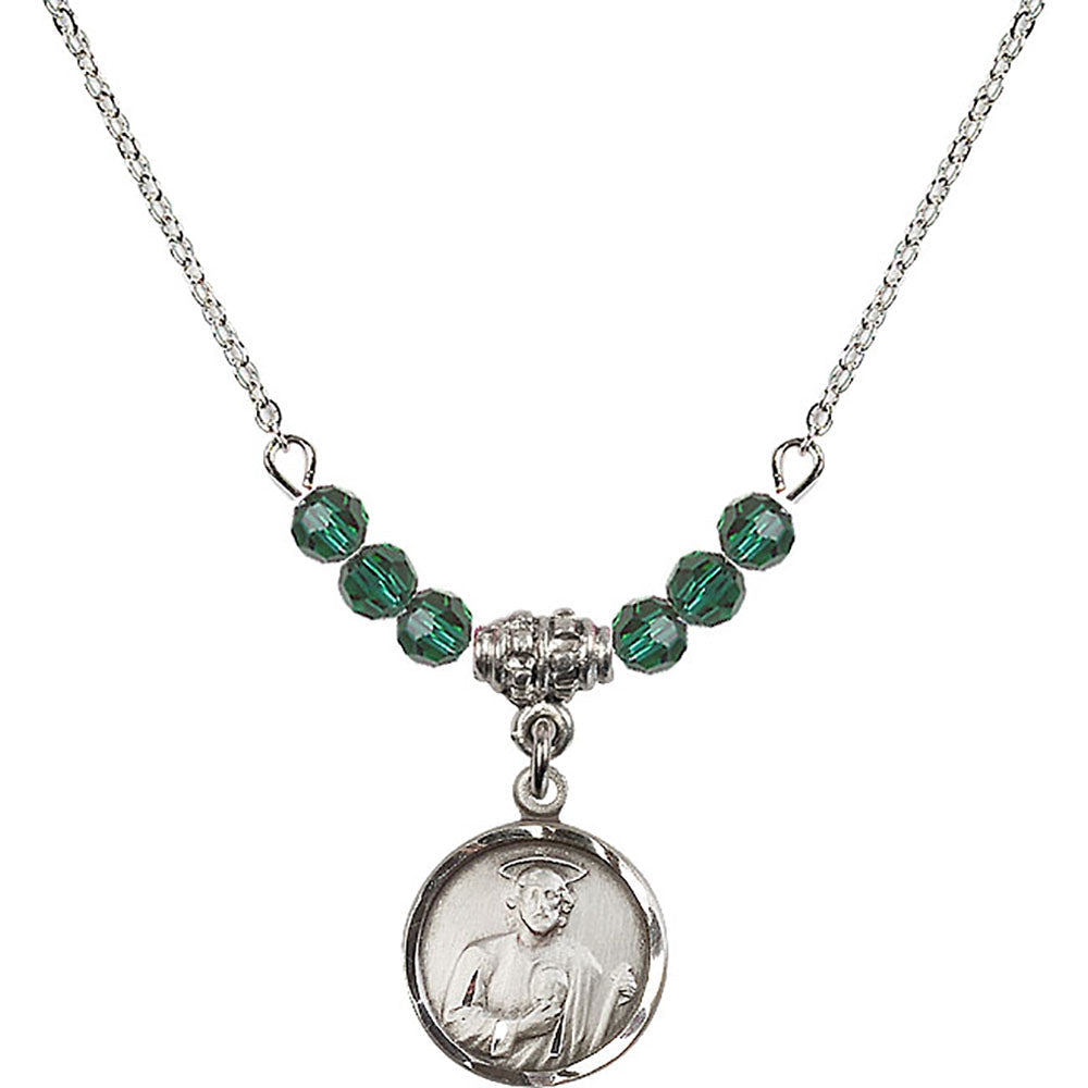 Sterling Silver Saint Jude Birthstone Necklace with Emerald Beads - 0601